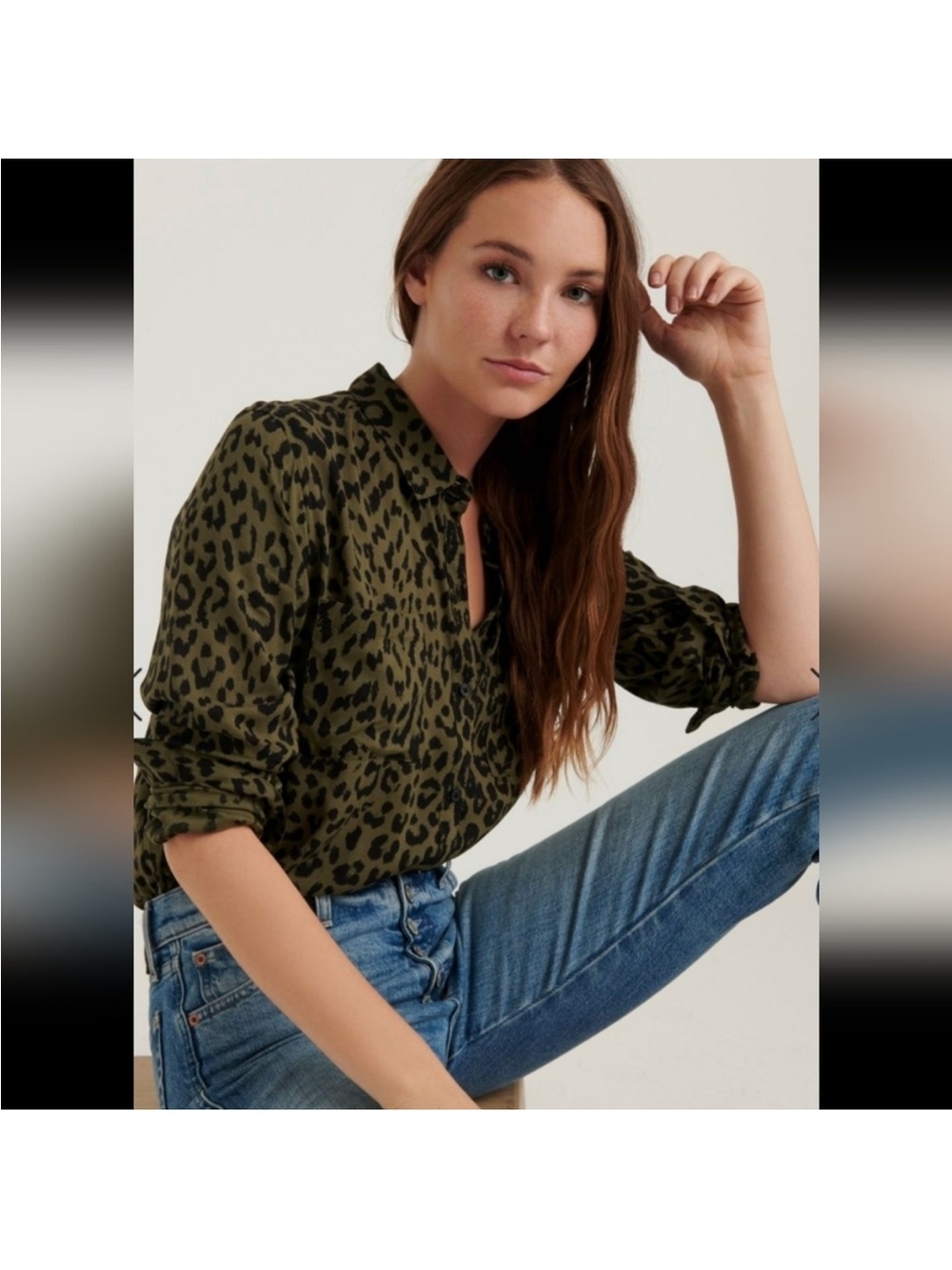 Lucky Brand Olive Green Leopard Print Button-Down Shirt